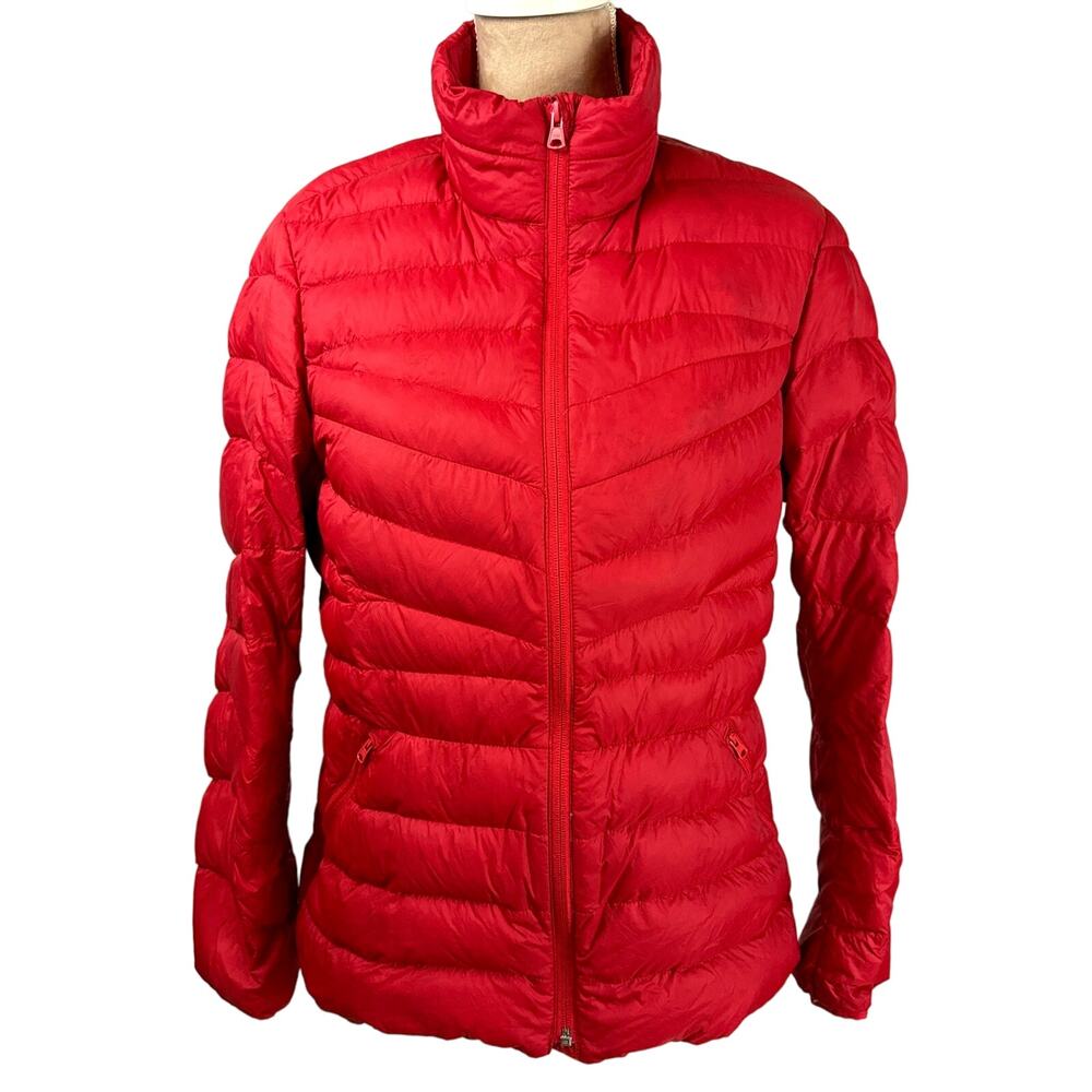 LANDS‎ END Womens Down Puffer Jacket Quilted Zip Pockets Red Sz Medium